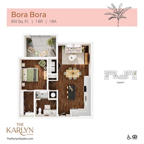 Floor plan for 1 bed, 1 bath, 810 sqft